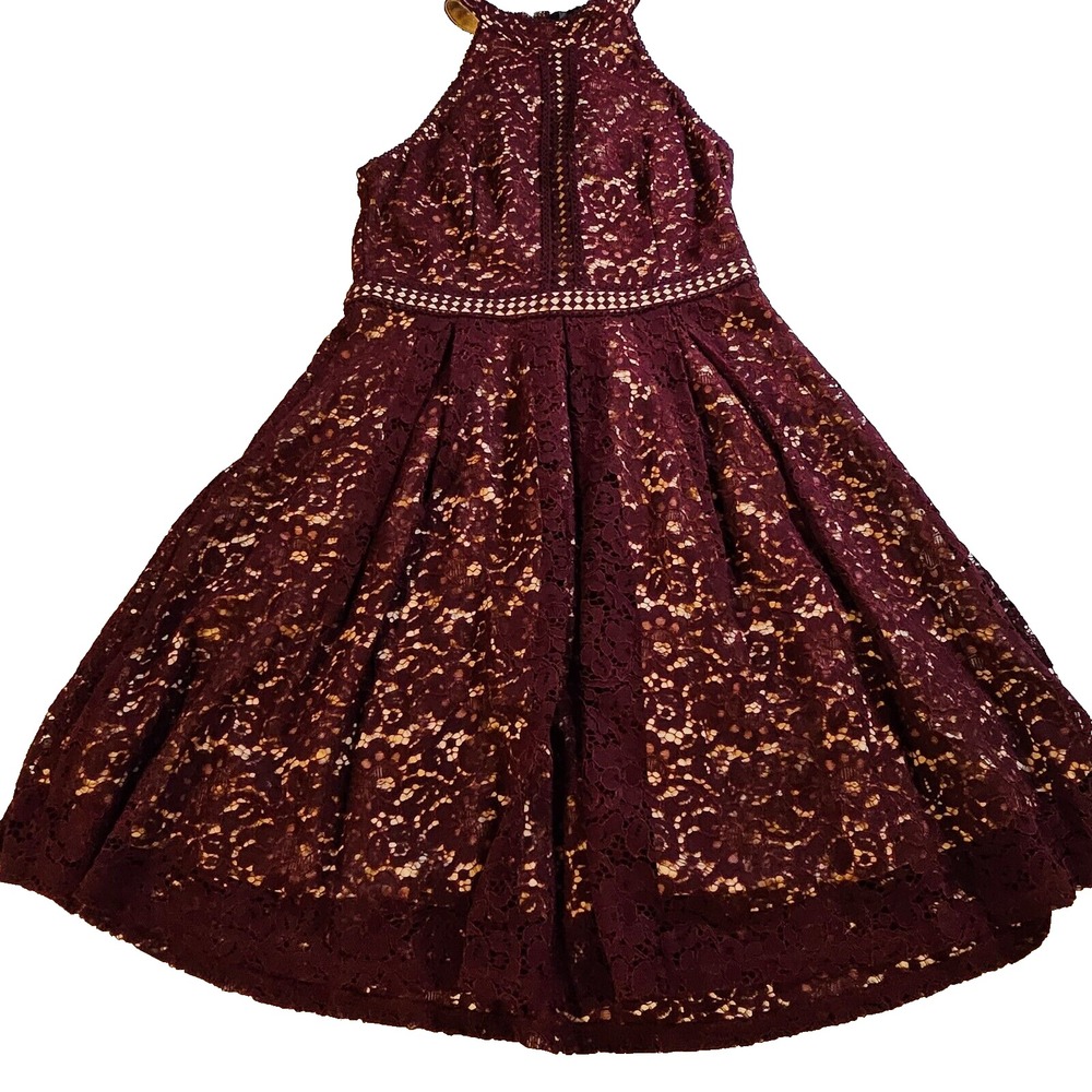Aqua Fit & Flare Lace Overlay Wine Halter Dress Womens Size M 1-00951
